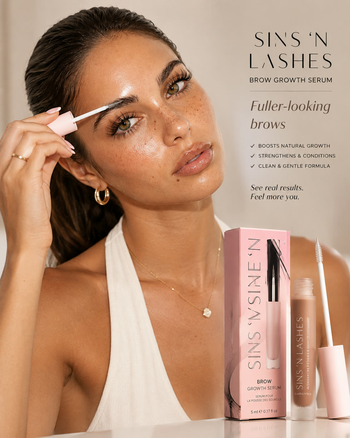 AI concept visual showing a brow serum application and product presentation
