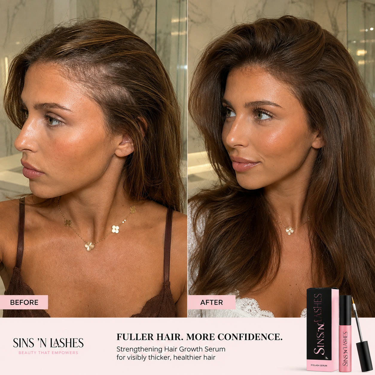 AI result-story concept focused on healthy looking hair and serum packaging
