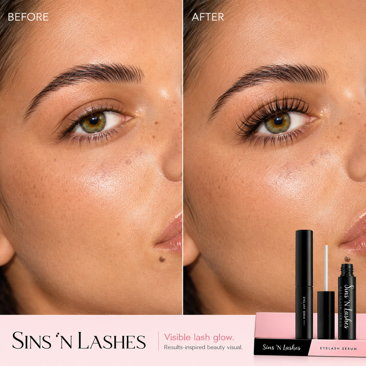 AI result-story concept focused on natural lash detail and a serum product