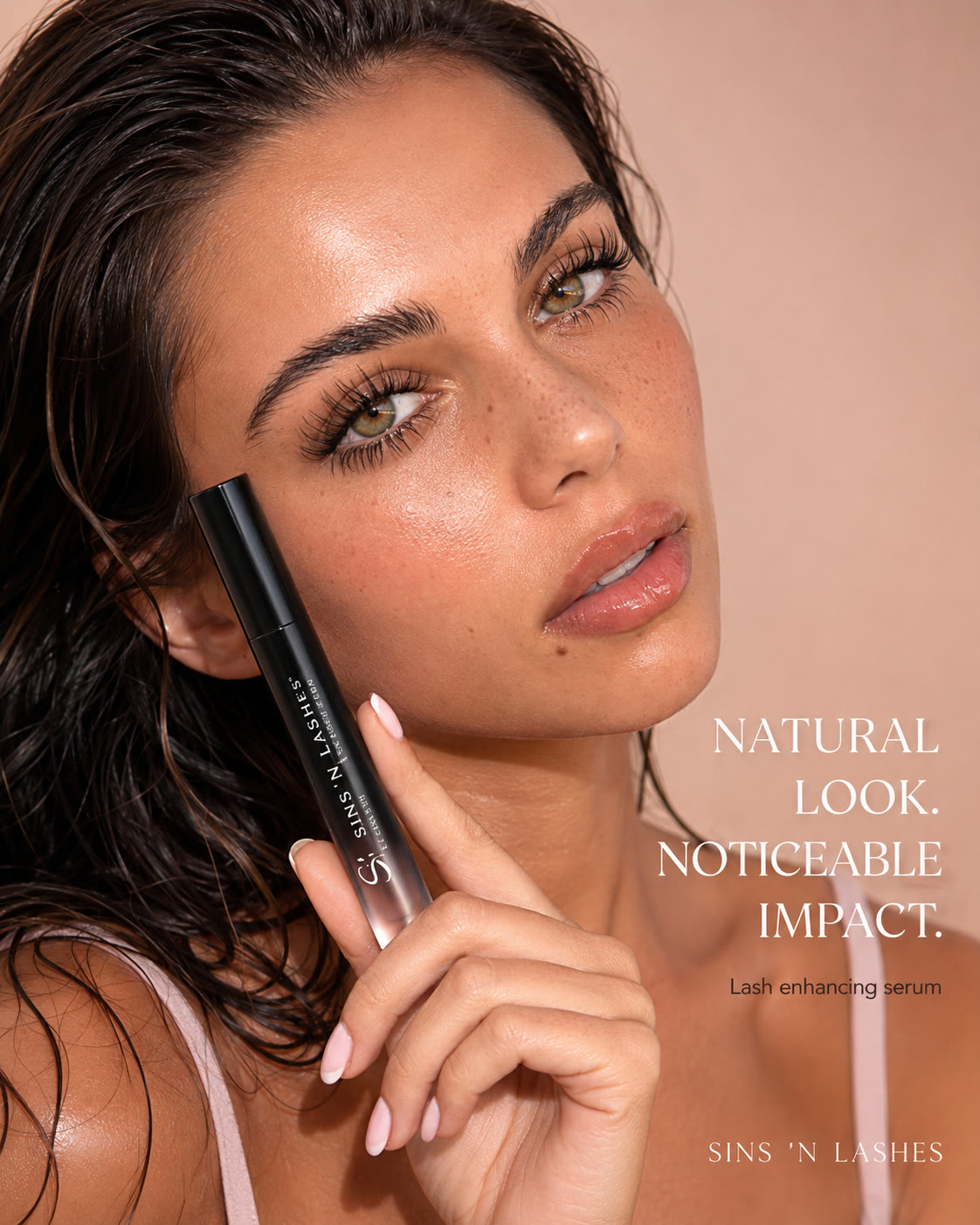 AI concept visual with a serum product and close natural lash detail