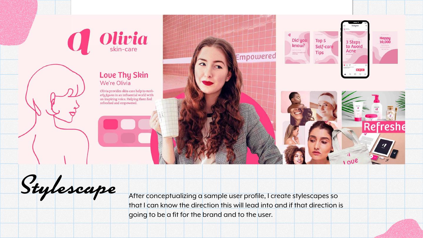 Olivia Skin-Care stylescape with a logo, palette, image direction, and social media examples