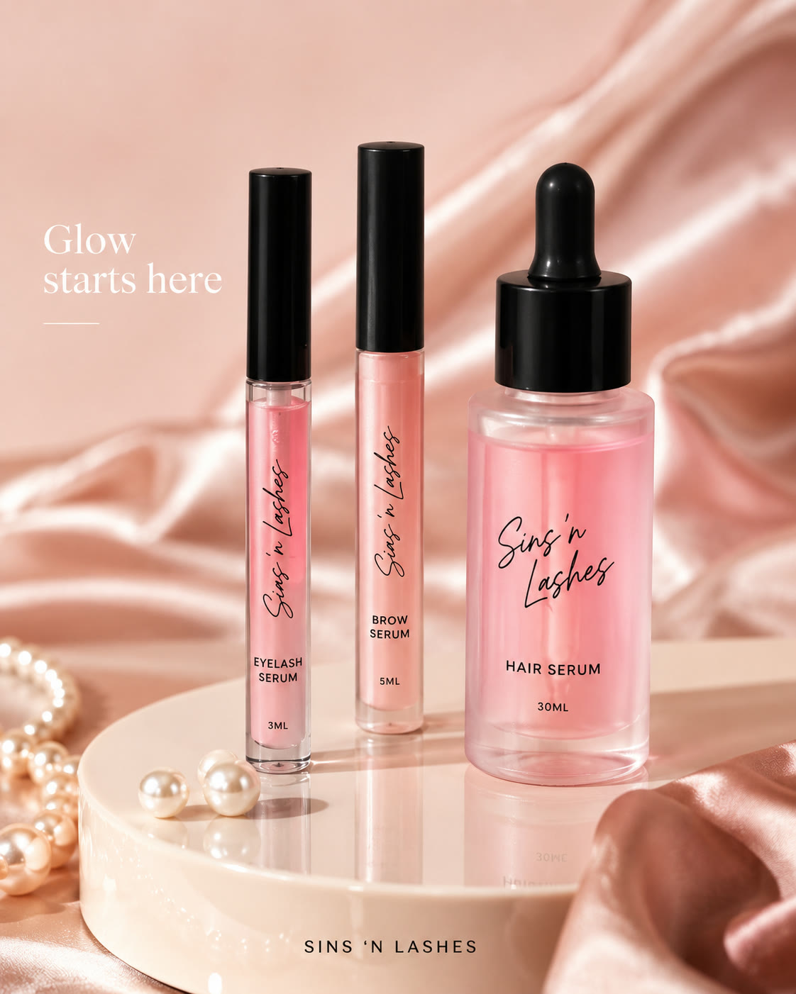 AI concept product still life featuring lash, brow, and hair serum packaging