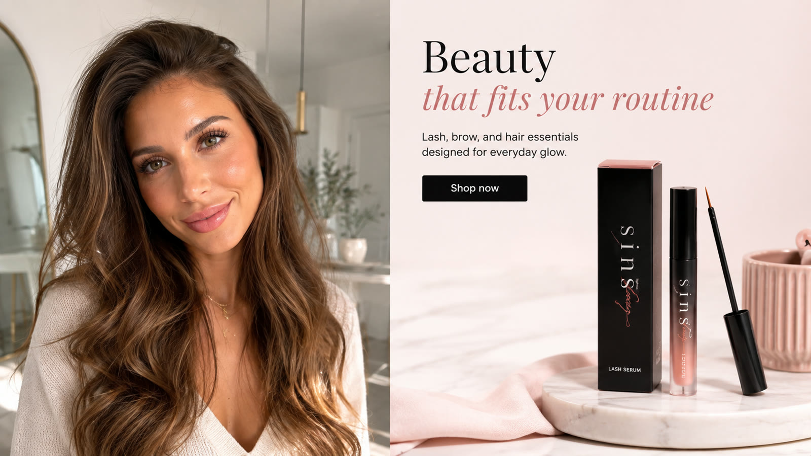AI concept visual combining a natural beauty portrait with a lash serum product composition