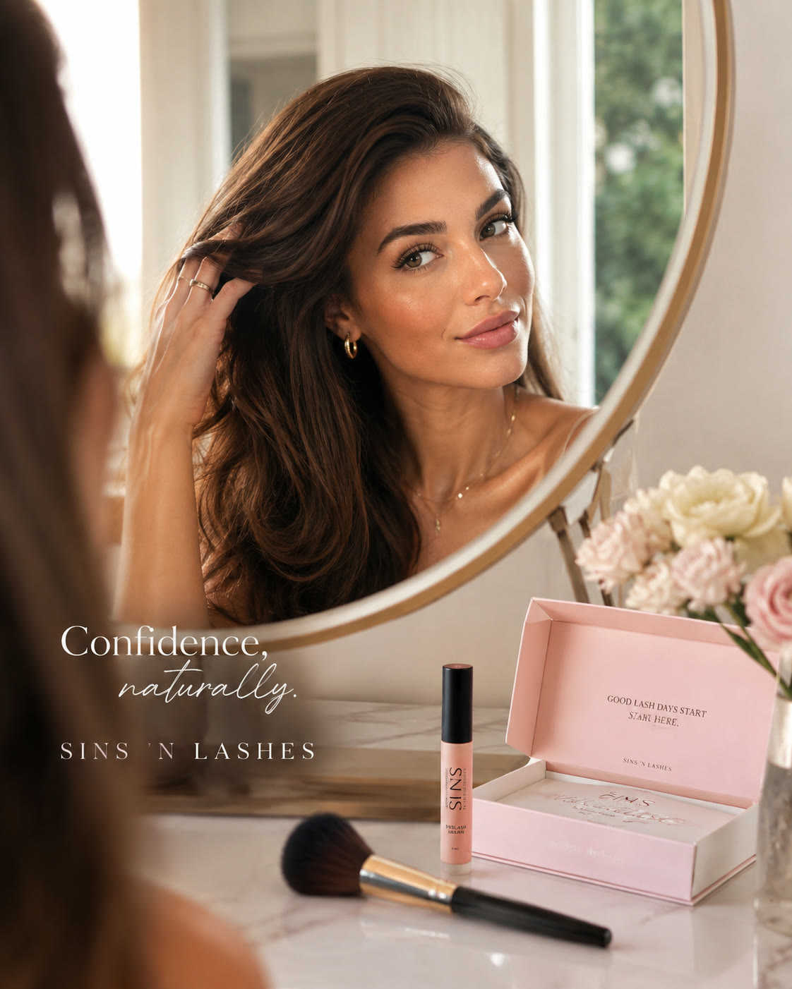 AI concept visual of a beauty routine in front of a vanity mirror